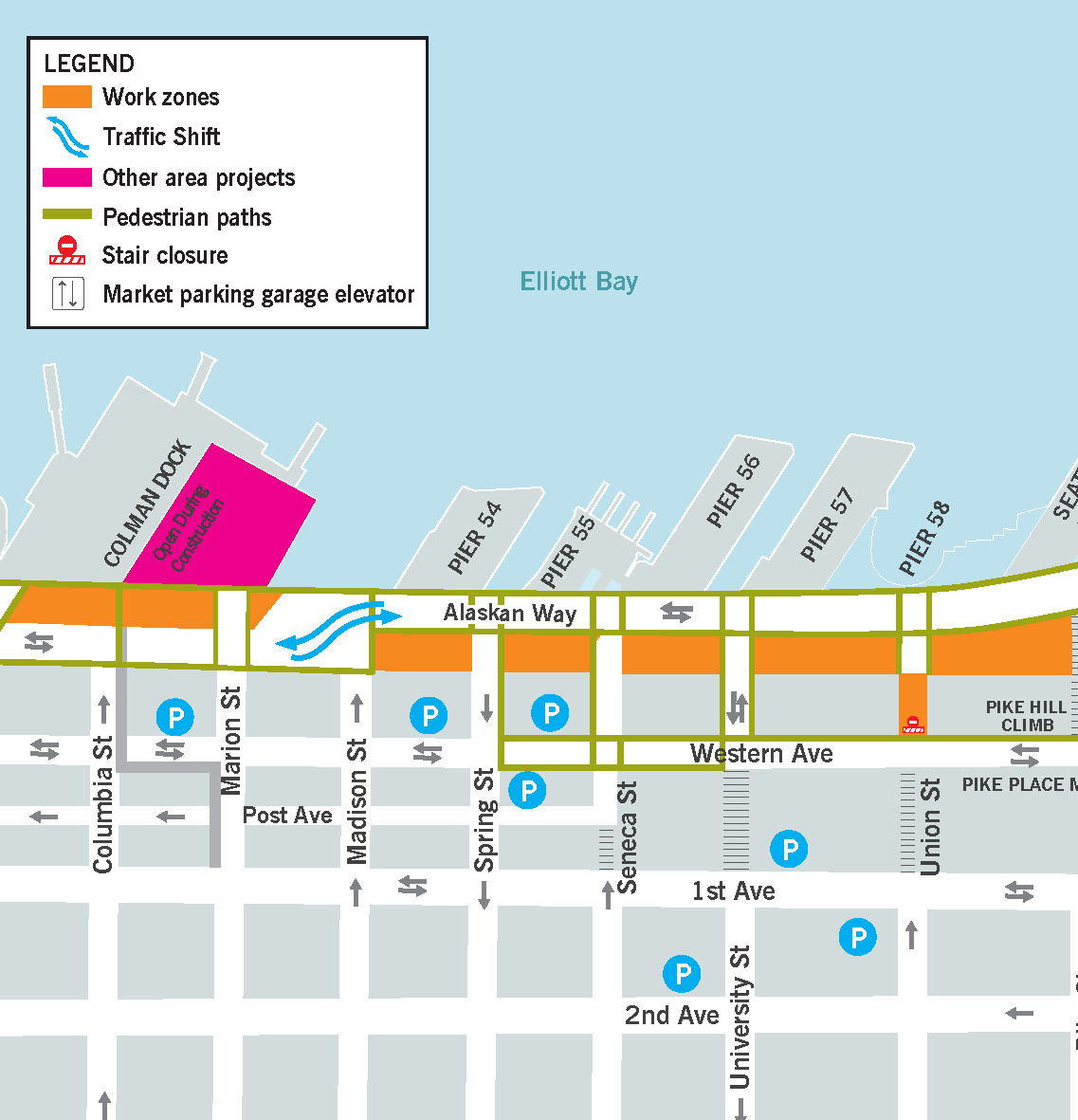 Map showing construction work zones between Columbia and Union streets on the waterfront. Between Columbia and Madison streets the work zone is on the west side. Between Marion and Madison streets traffic shifts from the east side of the road to the west side of the road. Between Madison and Union streets the work zone is on the east side of the road. There is also a work zone on Union St between Alaskan Way and Western Ave.  