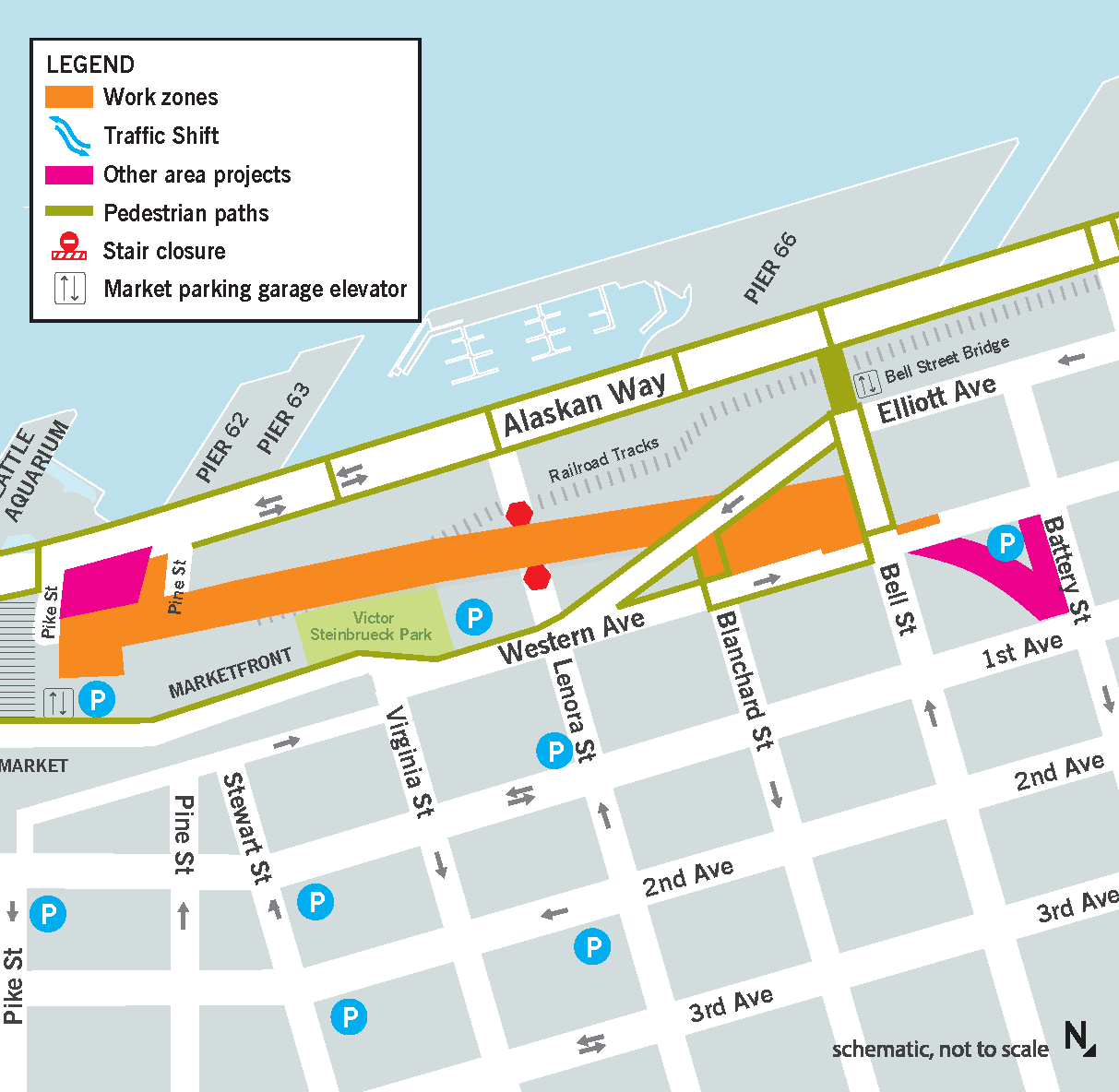 Map showing construction work zones between Pike and Bell streets, with current construction east of Alaskan Way in the footprint of the former viaduct. 