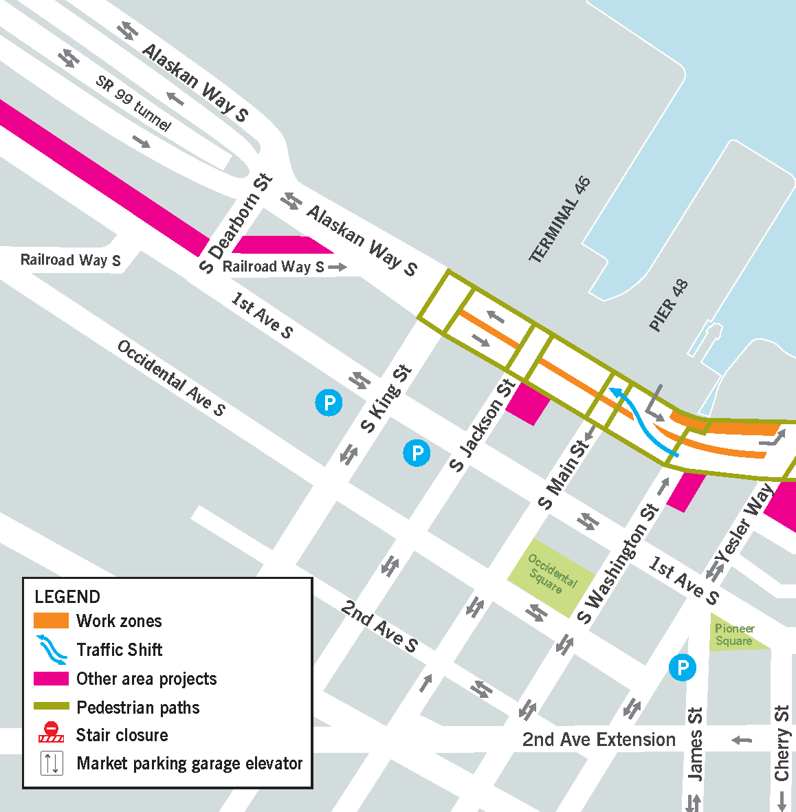 Map of work zones between S Dearborn and Columbia streets. Work zones located in median area between S King St and Yesler Way. Work zone on west side of the road between S Washington and Columbia streets.