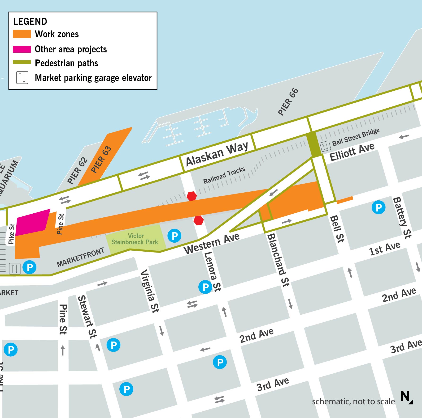 Map showing construction work zones between Pike and Bell streets, with current construction east of Alaskan Way in the footprint of the former viaduct.