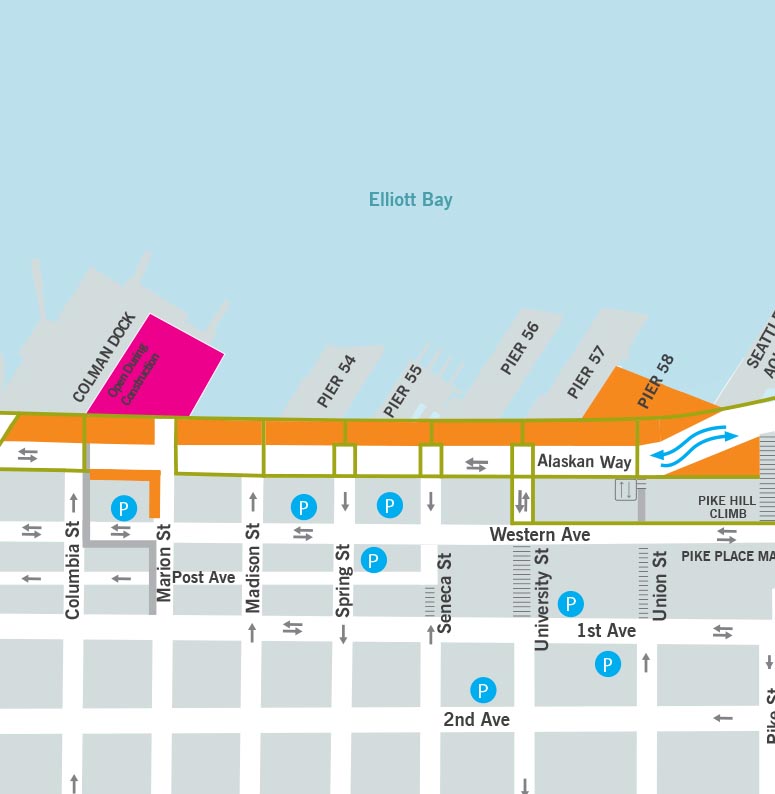 Map showing construction work zones between Columbia and Pike streets on the waterfront. Between Columbia and Union streets the work zone is on the west side. On the east side of Alaskan Way there is a work zone between Columbia and Marion streets and on the south side of Marion St. There is a work zone at Union St between Alaskan Way and Western Ave. North of Union St traffic shifts from the east side of the road to the west side of the road. Between Union and Pike streets the work zone is on the east side of the road.