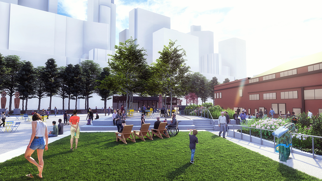 A rendering showing tables and chairs under a semi-shades tree grove on the new pier 58. People are sitting in the chairs and some are standing.