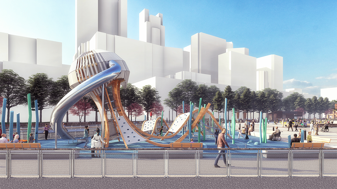 The new playground has a four-level jellyfish tower, a variety of climbing elements, wobble boards, an 18-ft slide and more