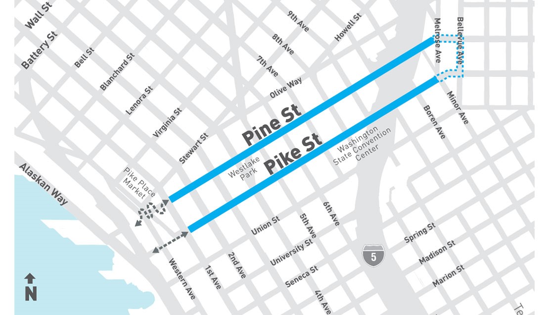 map showing that Pike Pine Streetscape and Bicycle Improvements will connect the waterfront and downtown core to Capitol Hil