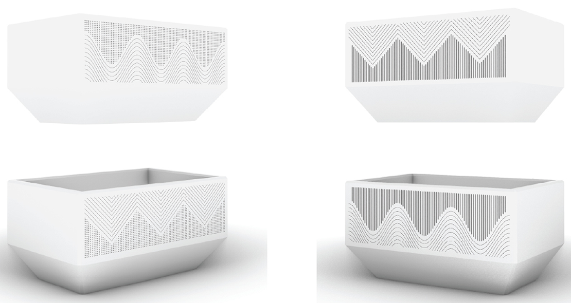 Pre-cast planters customized with the sine and triangle waves, reflecting sound to summit.