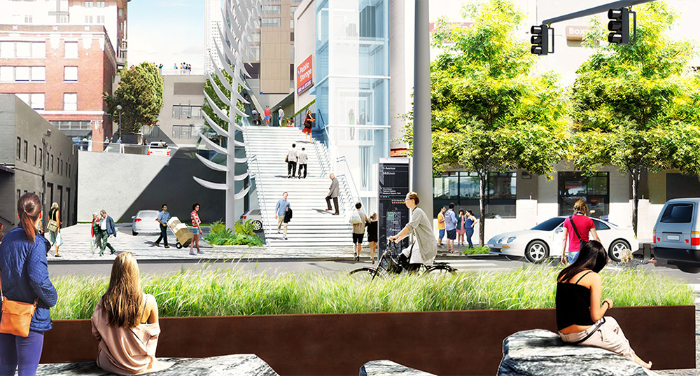 Artist's rendering of the completed Union Street Pedestrian Bridge showing the steel fern frond arching over the stairs.