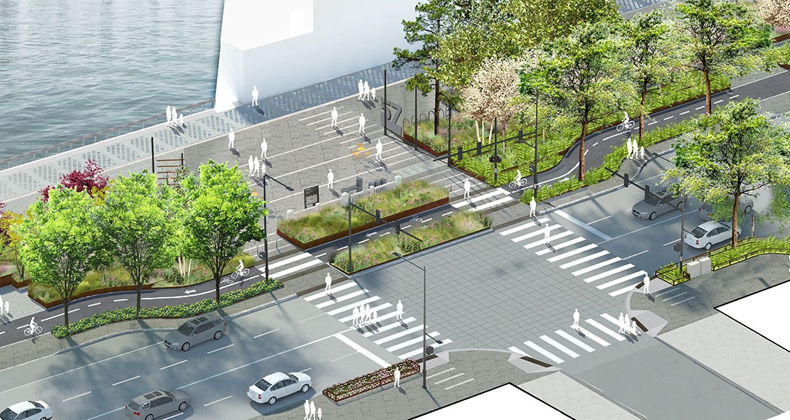 Rendering of an intersection with two vehicle lanes in each direction, greenery lining the pedestrian and protected bicycle lane, and a food and beverage booth by the water.  