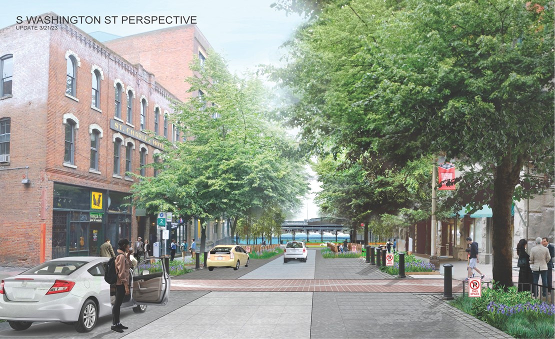 Rendering of the proposed improvements to Washington Street between First Avenue and Alaskan Way. There are no curbs and there are more planters and greenery lining the area. There are people walking, driving, talking, and biking along the street.