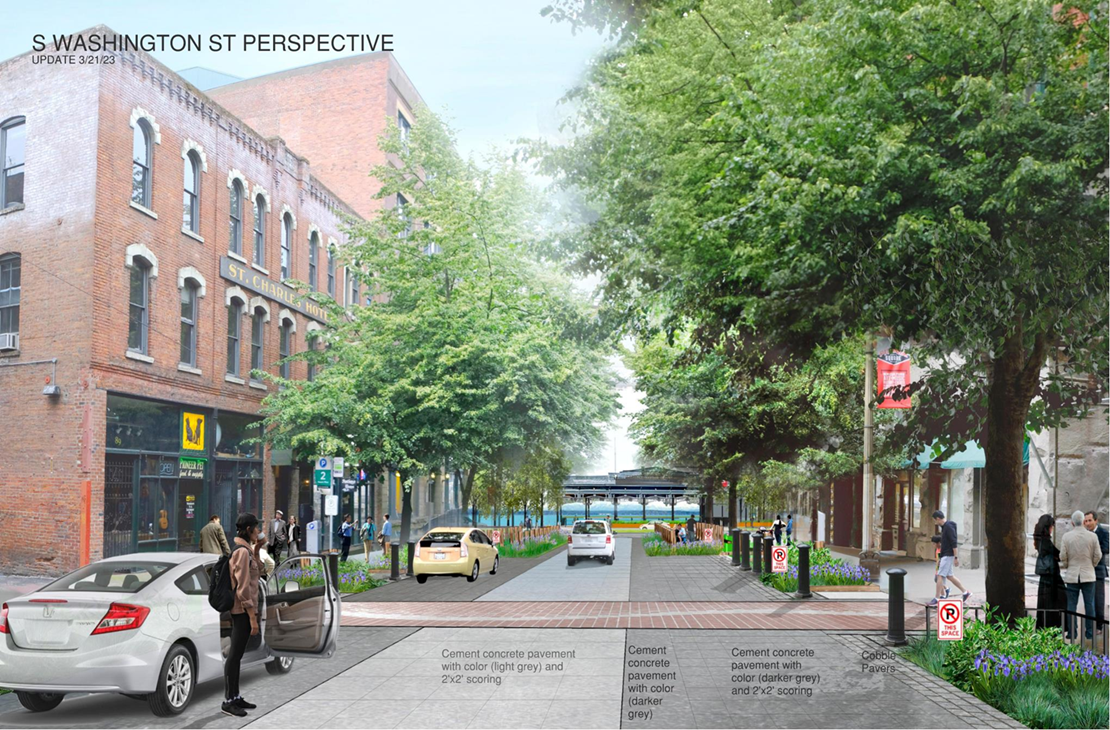 Rendering of the proposed improvements to Washington Street between First Avenue and Alaskan Way. There are no curbs and there are more planters and greenery lining the area. There are people walking, driving, talking, and biking along the street.