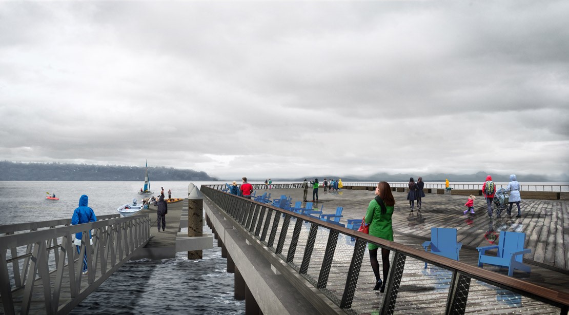 Rendering of pedestrians in raincoats walking on a floating dock. Blue chairs line the path. 