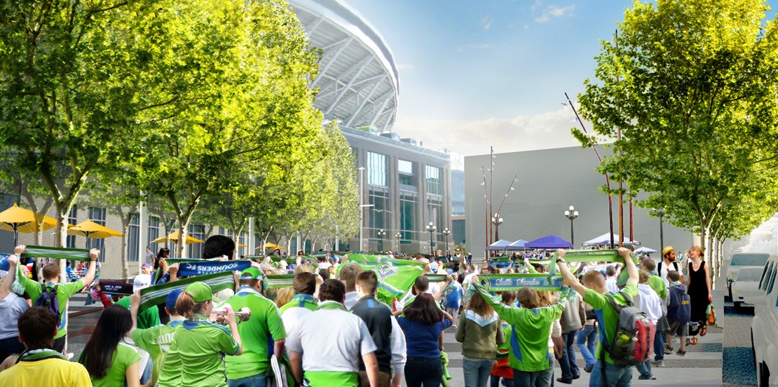 Rendering of a crowd of Sounders fans united on a large pedestrian path near the stadiums.