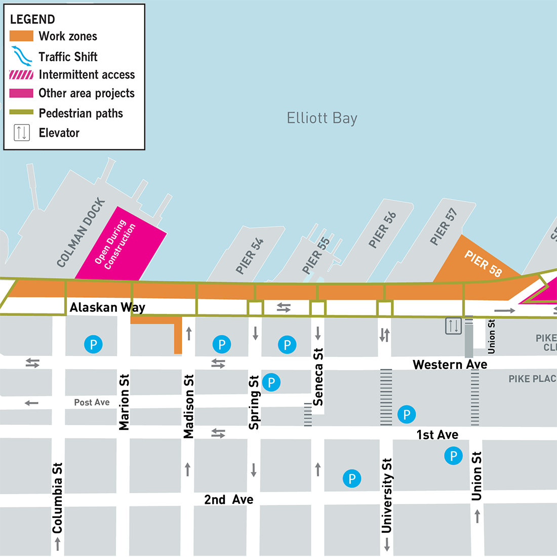 Map showing construction work zones between Columbia and Pike streets on the waterfront. Between Columbia and Union streets the work zone is on the west side. On the east side of Alaskan Way there is a work zone between Columbia and Marion streets and on the south side of Marion St. There is a work zone at Union St between Alaskan Way and Western Ave. North of Union St traffic shifts from the east side of the road to the west side of the road. Between Union and Pike streets the work zone is on the east side of the road.