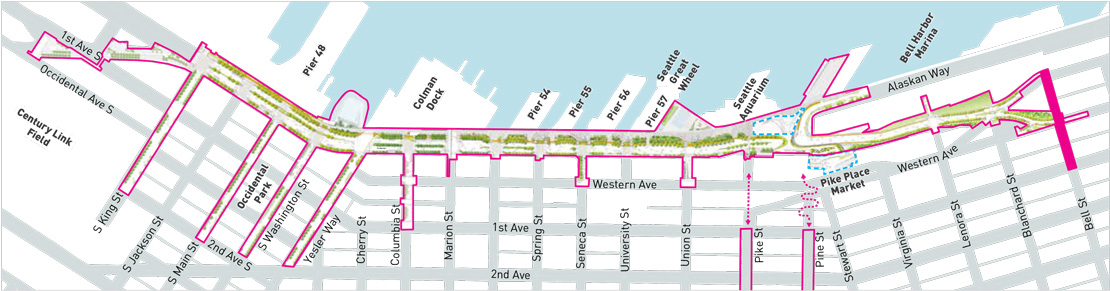 Map of Waterfront Seattle improvements, which highlights the projects outlined on this page. The highlighted areas show that future Union Street improvements will take place on Union Street between Alaskan Way and Western Avenue