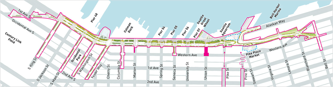 Map of Waterfront Seattle improvements, which highlights the projects outlined on this page. The highlighted areas show that future Union Street improvements will take place on Union Street between Alaskan Way and Western Avenue.