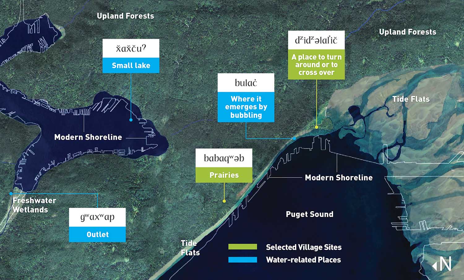 Rendering of pre-settlement Seattle in the nineteenth century, with place names in Lushootseed for water-related places and selected village sites. Areas shown include Puget Sound and Lake Union, with their modern shorelines outlined on the original landscape, upland forests, tide flats, and freshwater wetlands. Place names include Lushootseed words for Outlet (current edge of Lake Union), Small lake (current Lake Union), Prairies, Where it emerges by bubbling (current waterfront), A place to turn around or to cross over (current Pioneer Square).