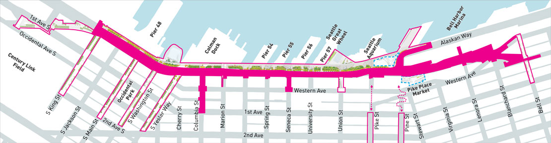 Map of the Waterfront Seattle Program with the area for the new Alaskan Way. The project will build a new Alaskan Way and Elliott Way, roads which run north to south along the waterfront between Bell Street and South King Street.