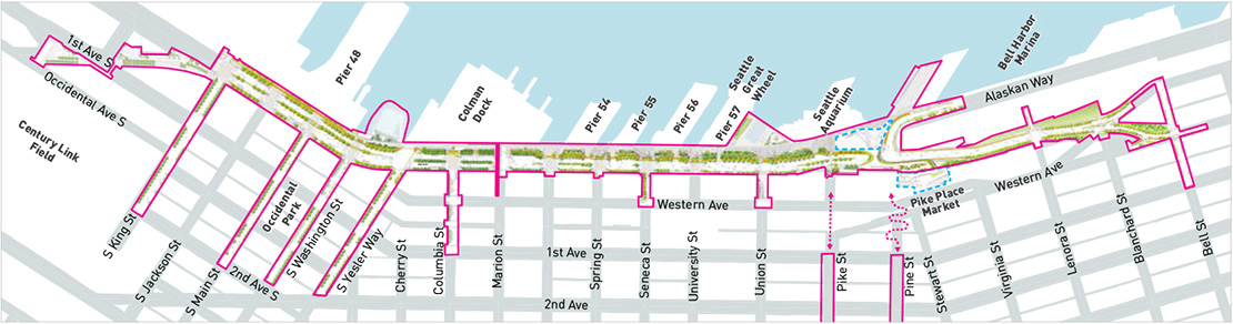 Map of the Waterfront Seattle Program with the area for the Marion Street Bridge highlighted. The improvements to the pedestrian bridge run east to west above Marion Street between Western Avenue and the waterfront.