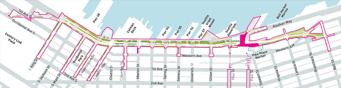 Map of the Waterfront Seattle Program with the area for the Overlook Walk project highlighted. The Overlook Walk connects pedestrians from Pike Place Market going west to the waterfront, crossing Alaskan Way and ending adjacent to the Seattle Aquarium’s future Ocean Pavilion expansion.