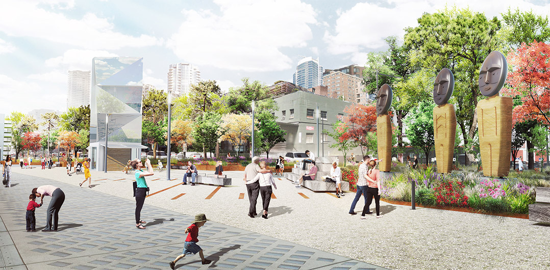 Design rendering of Qwalsius-Shaun Peterson’s art piece “In the Spirit of Chief Sealth”, showing people on the park promenade enjoying three sculptures of Coast Salish-inspired welcome figures