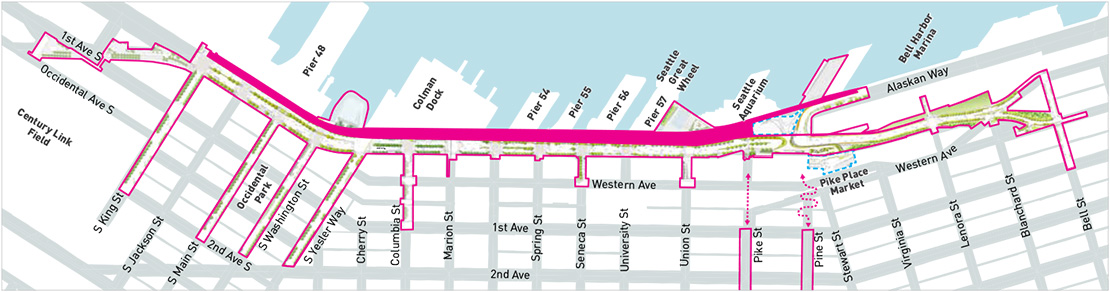 Map of the Waterfront Seattle Program with the area for the park promenade and bike path highlighted. The park promenade and bike path travel north to south and are placed directly west of the piers on the waterfront, spanning from Pine Street to South King Street.