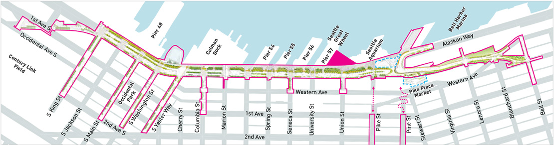 Map of the Waterfront Seattle Program with the area for the Pier 58 rebuild highlighted. Pier 58, also known as Waterfront Park, is located on the waterfront near Union Street. The highlighted area shows a new triangle shape for the pier.