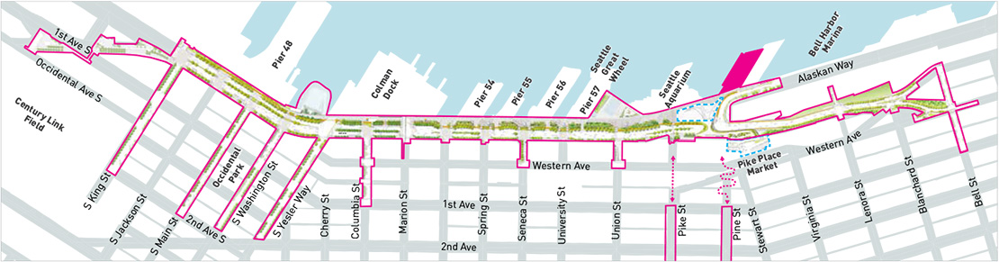 Map of the Waterfront Seattle Program with the area for the Pier 62 rebuild highlighted. Pier 62 is located on the waterfront near Pine Street.