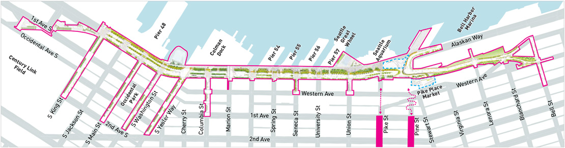 Map of the Waterfront Seattle Program with the area for the Pike + Pine Renaissance project highlighted. The Pike + Pine Renaissance project spans both Pike and Pine streets going east to west, from First Avenue to Melrose Avenue in Capitol Hill.