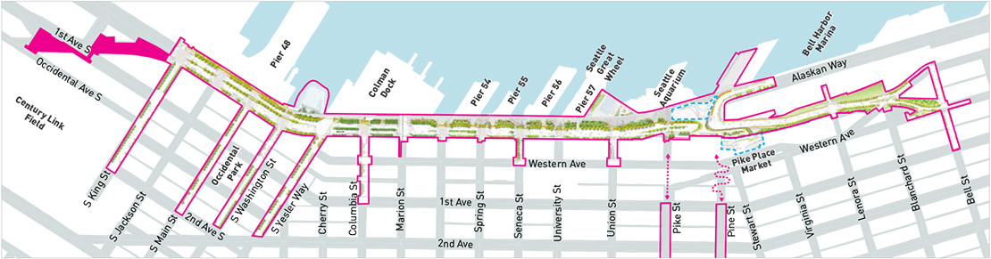 Map of the Waterfront Seattle Program with the area for the Railroad Way project highlighted on Railroad Way between South King Street and Occidental Avenue, ending at Century Link Stadium 