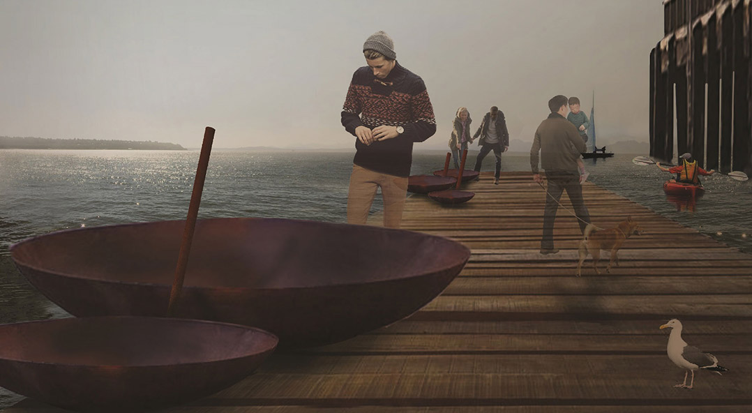 Design rendering of Stephen Vitiello’s art piece “Land Buoy Bells” which will include several large bowl-shaped metal pieces on Pier 62