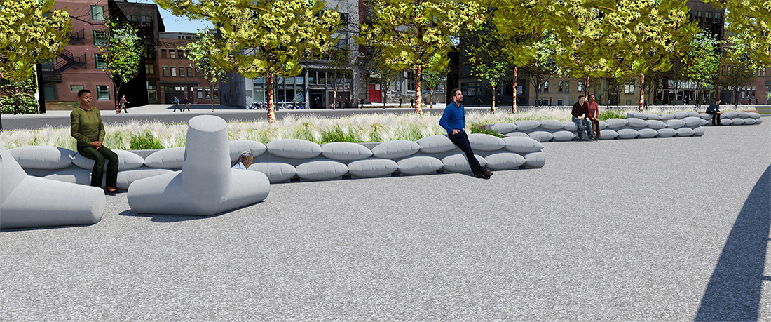 A close-up perspective of the SeaBearers, six-foot long reinforced concrete units which will also function as seating