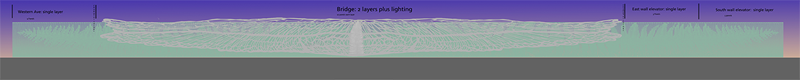 image that portrays the future screen wall artwork. There are bird wings in the center that overlap a field of ferns. The ferns continue past the wings on the left and on the right. There is a label on the far left that says Western Avenue: Single Layer, a label in the middle that says Bridge: two layers plus lighting and labels on the far right that say East wall elevator: single layer, and South wall elevator: single layer.