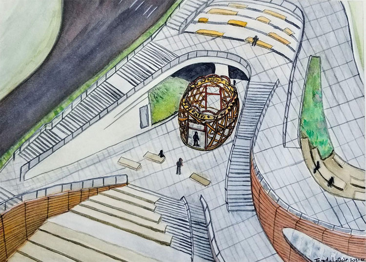 Drawing of a large open basket with one person walking inside it and two others nearby. There are stairs coming down on either side of the artwork and benches at the top and bottom of them.