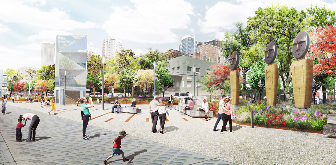 Design rendering of Qwalsius-Shaun Peterson’s art piece “In the Spirit of Chief Sealth”, showing people on the park promenade enjoying three sculptures of Coast Salish-inspired welcome figures