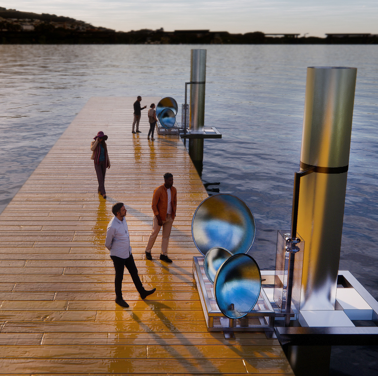 Rendering of a floating dock that includes an art installation where metal half-sphere shapes are mounted vertically on a structure attached to the foundations of a dock.