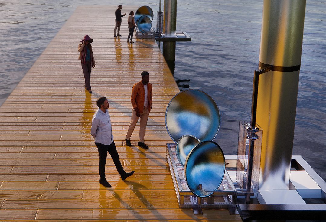 Rendering of a floating doc that includes an art installation where metal half-sphere shapes are mounted vertically on a structure attached to the foundations of a dock