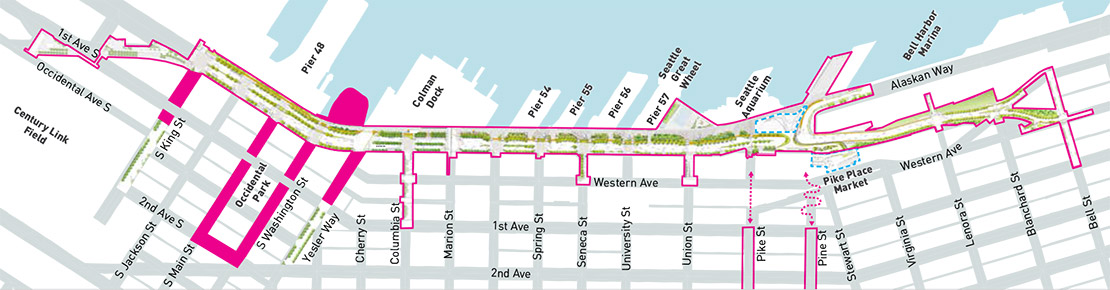 Map of Waterfront Seattle improvements, which highlights the projects outlined on this page. The highlighted areas show that future improvements will take place on South King Street, South Main Street, South Washington, Street, and Yesler Way between Alaskan Way and Second Avenue South. Other improvements will also take place at the Washington Street Boat Landing Pergola, which is on the west side of Alaskan Way near the intersection with South Washington Street, and at the new habitat beach that juts out into the water near the boat landing.